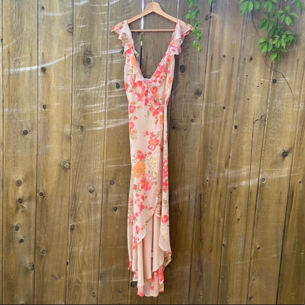 Dreamy Beige and Pink Floral Ruffle Wrap Maxi Dress 🌿 - Picture 3 of 11